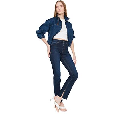 Trendyol Dam hög midja smal flare jeans med mörkblå rip, Mörkblått, 58 SE Trendyol Dam hög midja smal flare jeans med mörkblå rip, Mörkblått, 58 SE