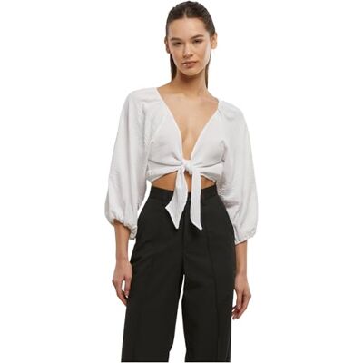 Urban Classics Damblus med struktur knutar blus, damblus med knutstängning och breda ärmar, djup V-hals, storlekar XS – XL, Vit, L Urban Classics Damblus med struktur knutar blus, damblus med knutstängning och breda ärmar, djup V-hals, storlekar XS – XL, Vit, L