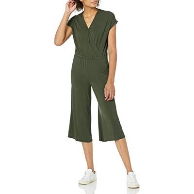 Amazon Essentials dam kortärmad Surplice beskuren overall med brett ben, mörk oliv, Large Amazon Essentials dam kortärmad Surplice beskuren overall med brett ben, mörk oliv, Large