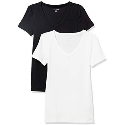 Amazon Essentials Women's Kortärmad V-ringad T-shirt smal passform, Pack of 2, Svart/Vit, L Amazon Essentials Women's Kortärmad V-ringad T-shirt smal passform, Pack of 2, Svart/Vit, L