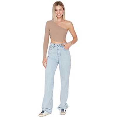 Trendyol Dam hög midja raka ben vida ben jeans, Ljusblått, 62 SE Trendyol Dam hög midja raka ben vida ben jeans, Ljusblått, 62 SE