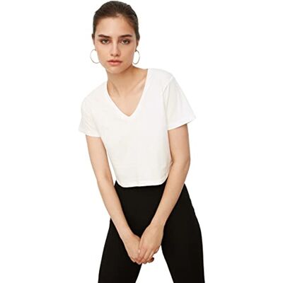 Trendyol Kvinnors Ekru 100% ekologisk bomullskultur stickad t-shirt, ecru, medium Trendyol Kvinnors Ekru 100% ekologisk bomullskultur stickad t-shirt, ecru, medium