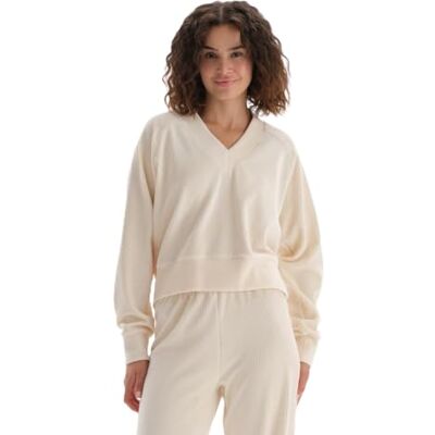 Dagi Dam lång V-hals Reglan Sleeve sammet sweatshirt, ecru, XL Dagi Dam lång V-hals Reglan Sleeve sammet sweatshirt, ecru, XL