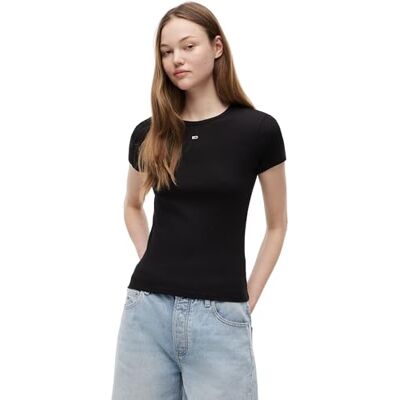 Tommy Jeans Dam Tjw Slim Essential Rib Ss S/S stickade toppar, Svart, L Tommy Jeans Dam Tjw Slim Essential Rib Ss S/S stickade toppar, Svart, L