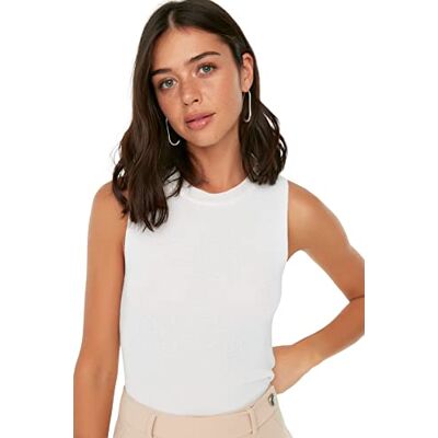 Trendyol Dam Slim Fit Basic rund hals trikå blus, ecru, S Trendyol Dam Slim Fit Basic rund hals trikå blus, ecru, S