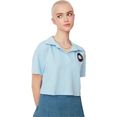 Trendyol Kvinnors blå crop broderad stickad t-shirt, S Trendyol Kvinnors blå crop broderad stickad t-shirt, S