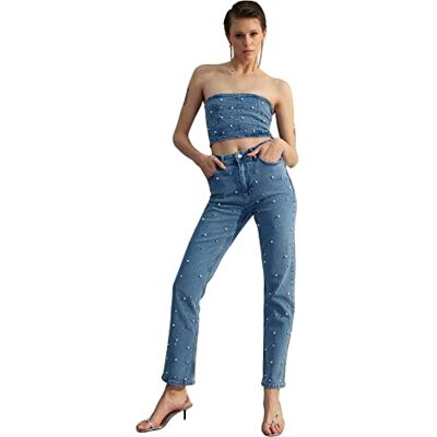 Trendyol dam rak rak hög midja jeans, blå, 42 SE Trendyol dam rak rak hög midja jeans, blå, 42 SE