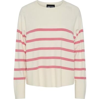 PIECES PCSIA LS Knit NOOS BC, Vit/ränder: rosa citronad, L PIECES PCSIA LS Knit NOOS BC, Vit/ränder: rosa citronad, L