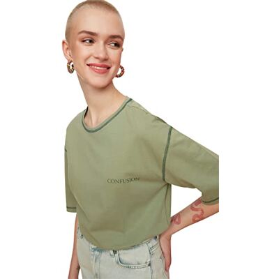Trendyol Kvinnors grön Caryoca sydd tryckt lös stickad t-shirt, L Trendyol Kvinnors grön Caryoca sydd tryckt lös stickad t-shirt, L
