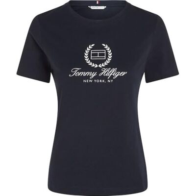 Tommy Hilfiger kortärmad t-shirt för kvinnor smal flagga t-shirt rund hals, Blå (ökenhimmel), XS Tommy Hilfiger kortärmad t-shirt för kvinnor smal flagga t-shirt rund hals, Blå (ökenhimmel), XS