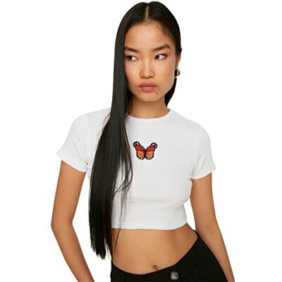 Trendyol Kvinnors vit tryckt crop stickad t-shirt, L Trendyol Kvinnors vit tryckt crop stickad t-shirt, L