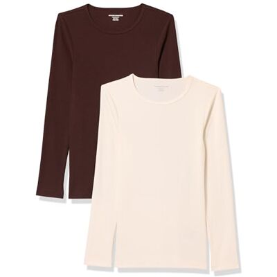 Amazon Essentials dam slim-fit lager långärmad stickad ribbad rund hals (finns i plusstorlek), paket med 2, äggskal vit/Espresso, XX-Large Amazon Essentials dam slim-fit lager långärmad stickad ribbad rund hals (finns i plusstorlek), paket med 2, äggskal vit/Espresso, XX-Large