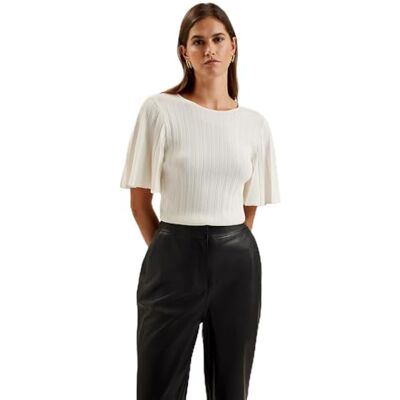 Ted Baker Dam Wmk-iivanna-rund hals räfflad ärm stickad topp blus, Elfenben, 38 Ted Baker Dam Wmk-iivanna-rund hals räfflad ärm stickad topp blus, Elfenben, 38