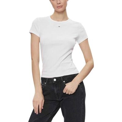 Tommy Jeans Dam Tjw Slim Essential Rib Ss S/S stickade toppar, Vitt, L Tommy Jeans Dam Tjw Slim Essential Rib Ss S/S stickade toppar, Vitt, L