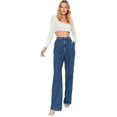 Trendyol Dam stora ben jeans med hög midja 90 jeans, mörkblå, 38 Trendyol Dam stora ben jeans med hög midja 90 jeans, mörkblå, 38