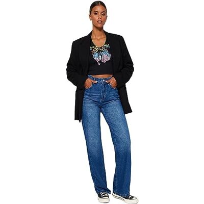 Trendyol dam raka breda ben hög midja jeans, blå, 42 SE Trendyol dam raka breda ben hög midja jeans, blå, 42 SE