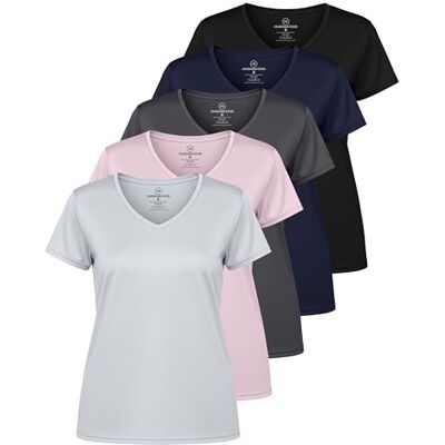 Real Essentials 5-pack: Kortärmad v-ringad t-shirt, träningskläder, dry-fit, vätskeavledande, yogatopp för kvinnor (finns i plusstorlek), M Real Essentials 5-pack: Kortärmad v-ringad t-shirt, träningskläder, dry-fit, vätskeavledande, yogatopp för kvinnor (finns i plusstorlek), M