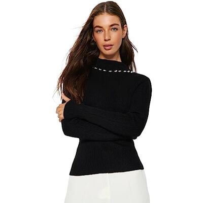 Trendyol FeMan Slim Fit Basic Stående krage Stickad tröja, Svart, M, Svart, M Trendyol FeMan Slim Fit Basic Stående krage Stickad tröja, Svart, M, Svart, M