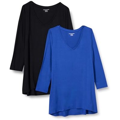 Amazon Essentials Women's V-ringad Swing T-shirt med kvartsärmar (finns i plusstorlek), Pack of 2, Kungsblå/Svart, L Amazon Essentials Women's V-ringad Swing T-shirt med kvartsärmar (finns i plusstorlek), Pack of 2, Kungsblå/Svart, L