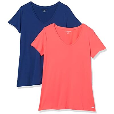 Amazon Essentials Dames Tech stretchig kortärmad V-ringad T-shirt (finns i plusstorlek), 2-Pack, Korallorange/Marinblå, M Amazon Essentials Dames Tech stretchig kortärmad V-ringad T-shirt (finns i plusstorlek), 2-Pack, Korallorange/Marinblå, M