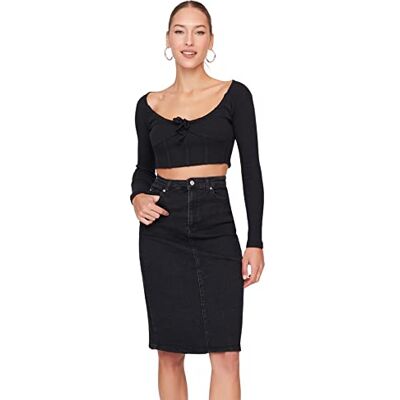 Trendyol Dam svart midi denim kjol, svart, 36 Trendyol Dam svart midi denim kjol, svart, 36