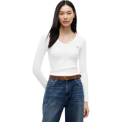 Tommy Jeans TJW Slim Essential Rib V LS DW0DW17990, vit, XL, Vit (Ecru), XL Tommy Jeans TJW Slim Essential Rib V LS DW0DW17990, vit, XL, Vit (Ecru), XL