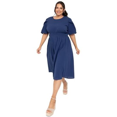 Lovedrobe Midi-klänning för kvinnor och damer, rund hals, korta puffärmar, crossover elastisk midja, bladtryck, texturerat A-linje, ledig, BLÅ, 40 SE Lovedrobe Midi-klänning för kvinnor och damer, rund hals, korta puffärmar, crossover elastisk midja, bladtryck, texturerat A-linje, ledig, BLÅ, 40 SE