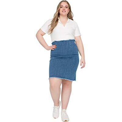 Trendyol Dam Midi A-linje slim fit vävd plus size kjol, BLÅ, 38 Trendyol Dam Midi A-linje slim fit vävd plus size kjol, BLÅ, 38