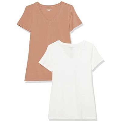 Amazon Essentials Women's Kortärmad V-ringad T-shirt klassisk passform, Pack of 2, Ljusbrun/Vit, XS Amazon Essentials Women's Kortärmad V-ringad T-shirt klassisk passform, Pack of 2, Ljusbrun/Vit, XS