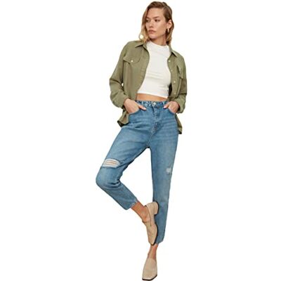 Trendyol Kvinnors mörkblå torn detaljerad hög midja mamma jeans, 36 Trendyol Kvinnors mörkblå torn detaljerad hög midja mamma jeans, 36
