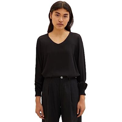 TOM TAILOR Denim dam basic blus med V-ringning och volanger, 14482-djup svart, L TOM TAILOR Denim dam basic blus med V-ringning och volanger, 14482-djup svart, L