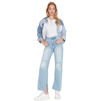 Trendyol Kvinnor unga hög midja raka ben vida ben jeans, Ljusblått, 64 SE Trendyol Kvinnor unga hög midja raka ben vida ben jeans, Ljusblått, 64 SE