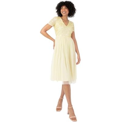 Maya Deluxe Dam utsmyckad midi aftonklänning damer V-hals med kort ärm för bal bröllop brudtärna, citron, 6, Citron, 32 SE Maya Deluxe Dam utsmyckad midi aftonklänning damer V-hals med kort ärm för bal bröllop brudtärna, citron, 6, Citron, 32 SE