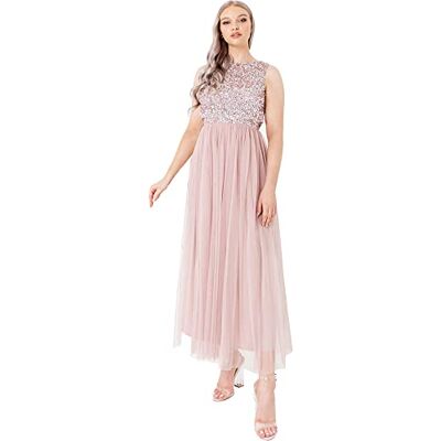 Maya Deluxe Midaxi damklänning, ärmlösa paljetter, hög imperium, midja, tyll, utsmyckad för bröllop, gästboll, brudtärna, Frostad rosa, 40 SE Maya Deluxe Midaxi damklänning, ärmlösa paljetter, hög imperium, midja, tyll, utsmyckad för bröllop, gästboll, brudtärna, Frostad rosa, 40 SE