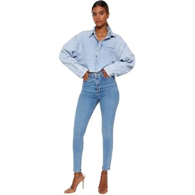 Trendyol Kvinnor hög midja smal passform smala jeans, BLÅ, 60 SE Trendyol Kvinnor hög midja smal passform smala jeans, BLÅ, 60 SE
