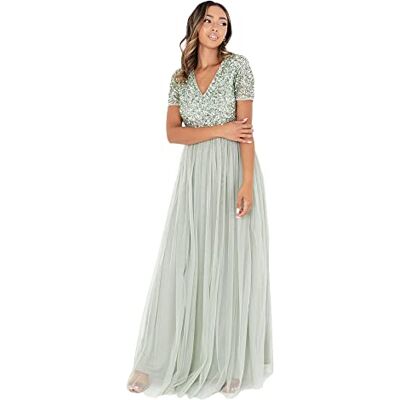 Maya Deluxe damklänning för bröllopsgäst plus size imperium hög midja paljetter kortärmad kväll brudtärna, gRÖN, 40 Maya Deluxe damklänning för bröllopsgäst plus size imperium hög midja paljetter kortärmad kväll brudtärna, gRÖN, 40
