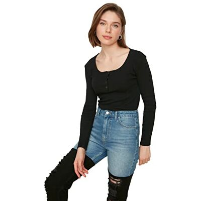 Trendyol Kvinnors svart sida med snap Toyillate stickad blus, XL Trendyol Kvinnors svart sida med snap Toyillate stickad blus, XL