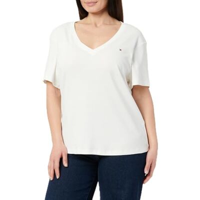 Tommy Hilfiger kvinnors CRV Slim Cody V-NK SS WW0WW44220 S/S t-shirt, Ecru, 46, Vit (Ecru), 72 SE Tommy Hilfiger kvinnors CRV Slim Cody V-NK SS WW0WW44220 S/S t-shirt, Ecru, 46, Vit (Ecru), 72 SE