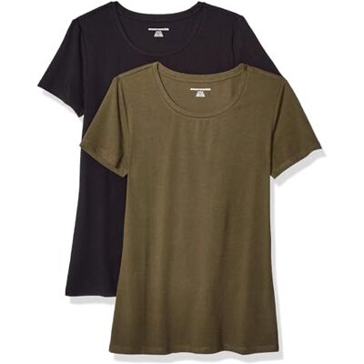 Amazon Essentials Women's Kortärmad T-shirt med rund hals klassisk passform, Pack of 2, Olivgrön/Svart, XL Amazon Essentials Women's Kortärmad T-shirt med rund hals klassisk passform, Pack of 2, Olivgrön/Svart, XL