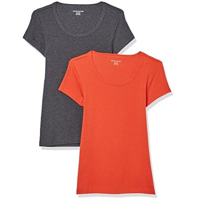 Amazon Essentials Women's T-shirt med smal passform med holkärm och rund hals, Pack of 2, Kolsvart ljung/Tomatröd, XS Amazon Essentials Women's T-shirt med smal passform med holkärm och rund hals, Pack of 2, Kolsvart ljung/Tomatröd, XS