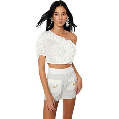 Trendyol Dam Dam Dam Slim Fit Basic Asymmetrisk Krage Vävd Blusskjorta, Ecru, 36 Trendyol Dam Dam Dam Slim Fit Basic Asymmetrisk Krage Vävd Blusskjorta, Ecru, 36