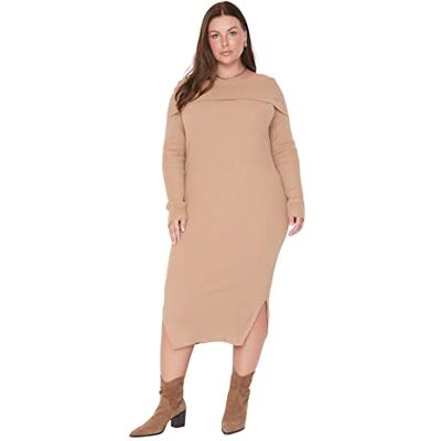 Trendyol Dam stora storlekar midi bodycon figurnära tröja plus size klänning, Kamel, XL Trendyol Dam stora storlekar midi bodycon figurnära tröja plus size klänning, Kamel, XL