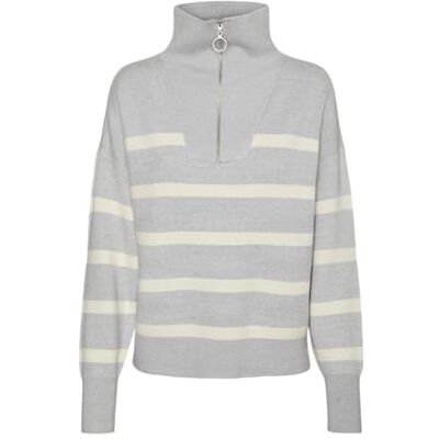 VERO MODA Damer Vmsaba Stripe Ls Highneck Blouse Ga Noos stickad tröja, Ljusgrå melange/ränder: björk, XL VERO MODA Damer Vmsaba Stripe Ls Highneck Blouse Ga Noos stickad tröja, Ljusgrå melange/ränder: björk, XL