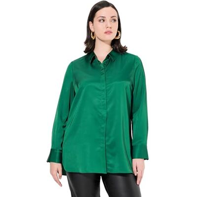Ulla Popken dam stora storlekar överdimensionerade plus size satin-skjortblus, längre bak, skjortkrage, långärmad, Smaragdgrön, 50-52 Ulla Popken dam stora storlekar överdimensionerade plus size satin-skjortblus, längre bak, skjortkrage, långärmad, Smaragdgrön, 50-52