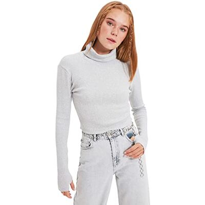 Trendyol Kvinnors grå turtleneck finger detailed flyillate stickad blus, S Trendyol Kvinnors grå turtleneck finger detailed flyillate stickad blus, S