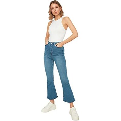 Trendyol Dam hög midja raka ben utsvängda jeans, BLÅ, 60 SE Trendyol Dam hög midja raka ben utsvängda jeans, BLÅ, 60 SE