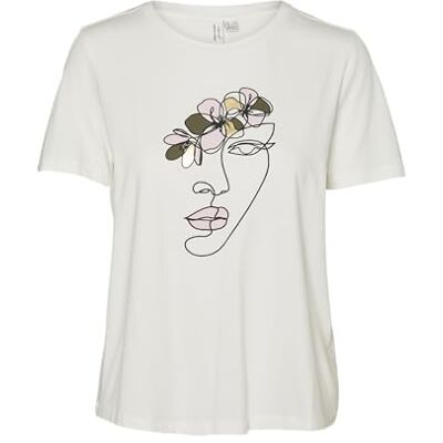 VERO MODA dam Vmmackenzi S/S O-Neck JRS Btq T-shirt, Snövit/tryck: grönt ansikte och blomma, S VERO MODA dam Vmmackenzi S/S O-Neck JRS Btq T-shirt, Snövit/tryck: grönt ansikte och blomma, S
