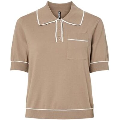 PIECES Pcorina Ss Contrast Polo Knit Pwp Bc, Greige, XL PIECES Pcorina Ss Contrast Polo Knit Pwp Bc, Greige, XL