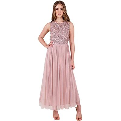 Maya Deluxe Midaxi damklänning, ärmlösa paljetter, hög imperium, midja, tyll, utsmyckad för bröllop, gästboll, brudtärna, Frostad rosa, 38 SE Maya Deluxe Midaxi damklänning, ärmlösa paljetter, hög imperium, midja, tyll, utsmyckad för bröllop, gästboll, brudtärna, Frostad rosa, 38 SE