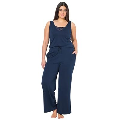 Ulla Popken dam, spets, V-hals, ärmlös jumpsuit, spetsdetaljer, Midnattblå, 58-60 Ulla Popken dam, spets, V-hals, ärmlös jumpsuit, spetsdetaljer, Midnattblå, 58-60